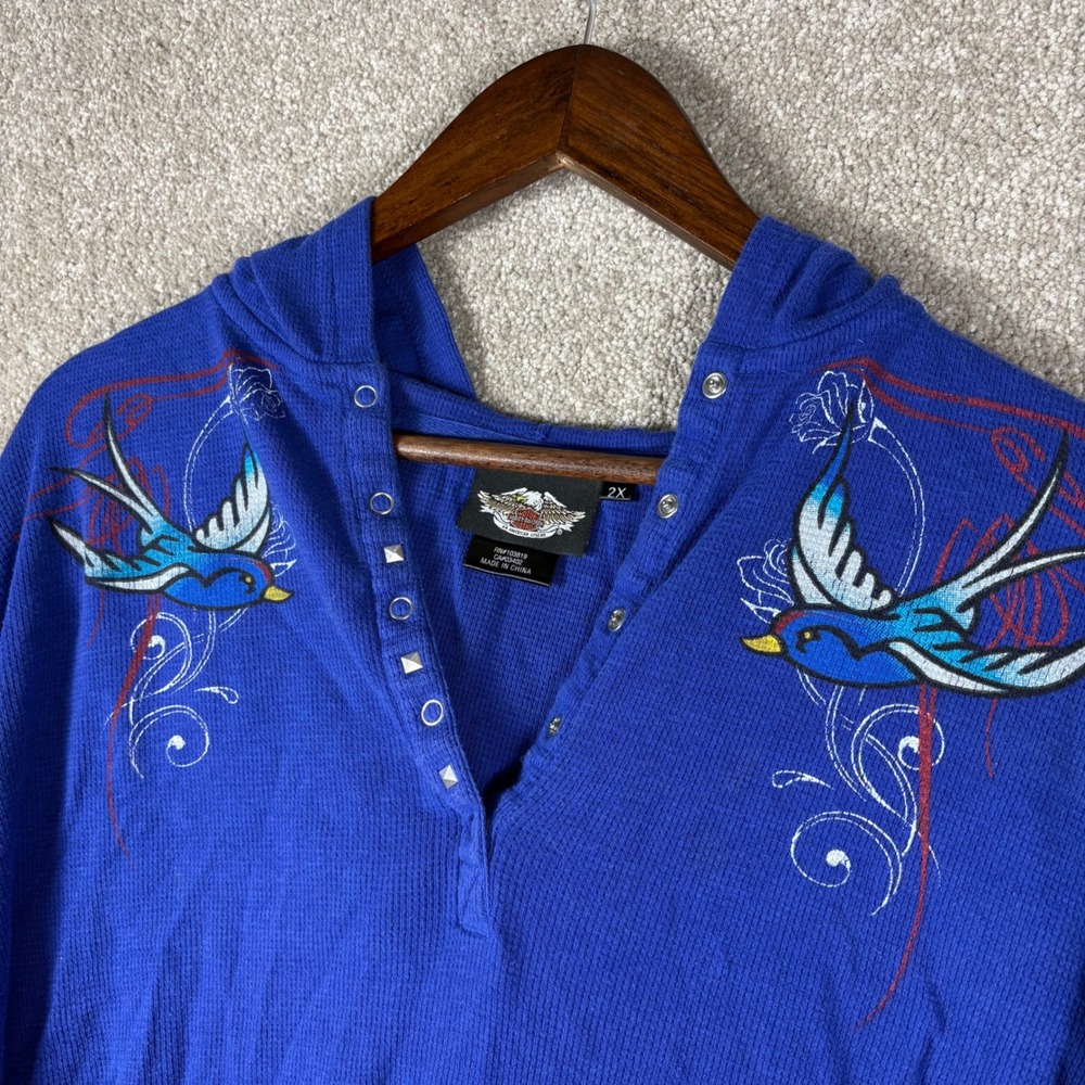 Harley-Davidson Womens 2X Blue Waffle Knit Thermal Hoodie Studded Graphic Top